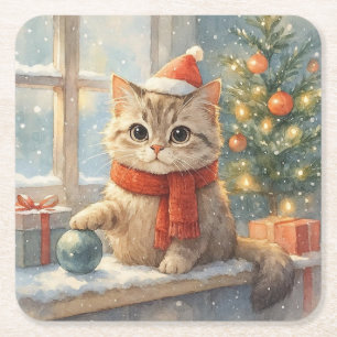 Porta-copo De Papel Quadrado Gato de Natal Fofo e Caprichoso