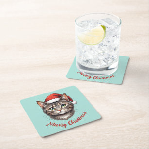 Porta-copo De Papel Quadrado Gato de Natal Fofo Personalizado com Chapéu de Pap