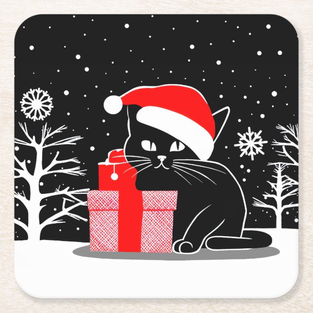 Porta-copo De Papel Quadrado Gato de Natal Negro (Frente)