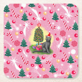 Porta-copo De Papel Quadrado Gato de Natal Rosa