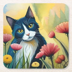 Porta-copo De Papel Quadrado Gato FLoral