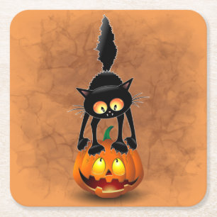 Porta-copo De Papel Quadrado Gato Halloween Caricatura Assustada na Pumpkin