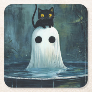 Porta-copo De Papel Quadrado Gato Halloween e Fantasma na Piscina