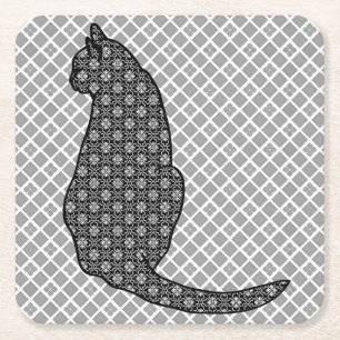 Porta-copo De Papel Quadrado Gato Japonês - Impressão Kimono preto e branco