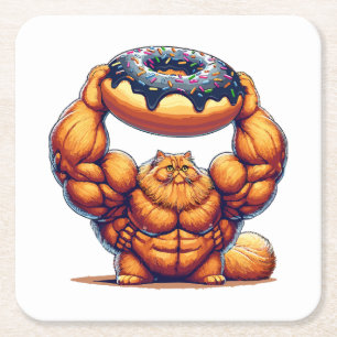 Porta-copo De Papel Quadrado Gato Musculoso Levantando Donut