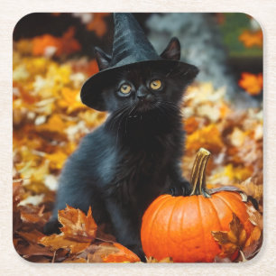 Porta-copo De Papel Quadrado Gato Negro e Abóbora do Halloween