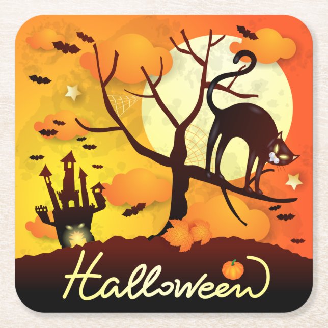 Porta-copo De Papel Quadrado Gato Negro Halloween (Frente)