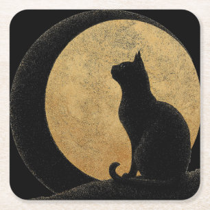Porta-copo De Papel Quadrado Gato Negro Silhout Contra Lua Ouro