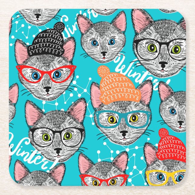 Porta-copo De Papel Quadrado Gato no chapéu (Frente)