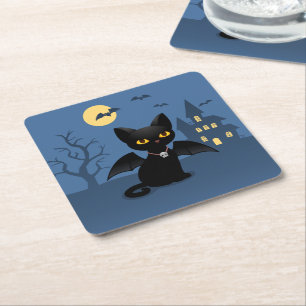 Porta-copo De Papel Quadrado Gato Preto de Halloween Vampiro com Asas