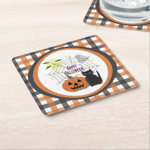 Porta-copo De Papel Quadrado Gato Preto e Abóbora Não Assustam Halloween