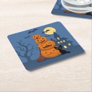 Porta-copo De Papel Quadrado Gato Preto e Abóboras de Halloween
