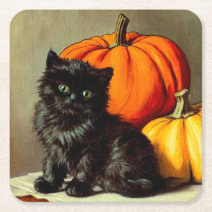 Porta-copo De Papel Quadrado Gato Preto e Abóboras de Halloween Vintage