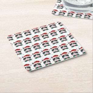 Porta-copo De Papel Quadrado Gato Preto e Branco Fofo Com Chapéu de Papai Noel