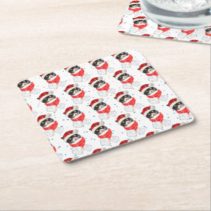 Porta-copo De Papel Quadrado Gato Tricolor de Natal Aquarela com Cachecol