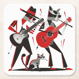 Porta-copo De Papel Quadrado Gatos Beatnik Vintage Retro MCM Tocando Guitarras