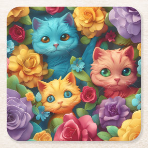 Porta-copo De Papel Quadrado Gatos coloridos e flores design bonitinhos