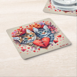 Porta-copo De Papel Quadrado Gatos com aquarelas com coração