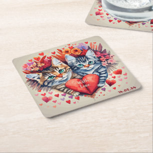 Porta-copo De Papel Quadrado Gatos com aquarelas com coração