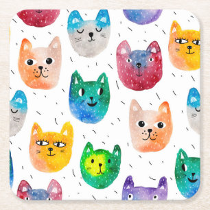 Porta-copo De Papel Quadrado Gatos com aquarelas e amigos