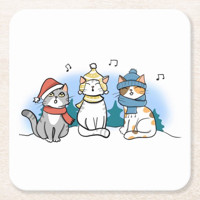 Porta-copo De Papel Quadrado Gatos De Cartoon Cantando Caróis De Natal (Frente)