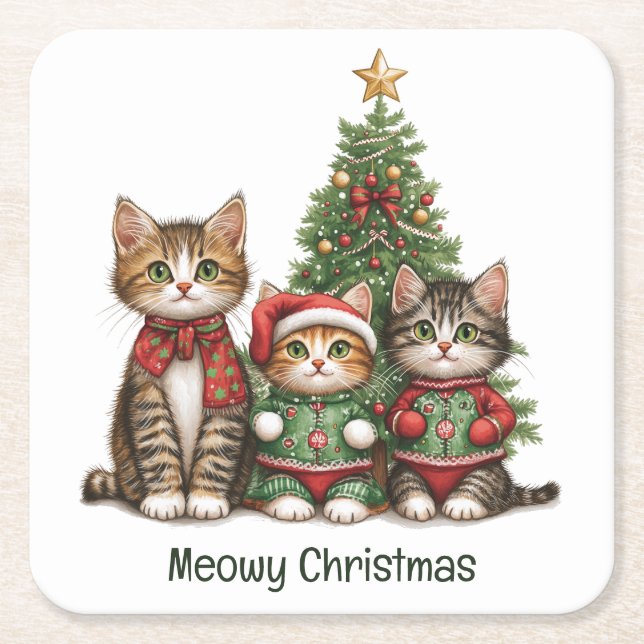 Porta-copo De Papel Quadrado Gatos de Natal (Frente)