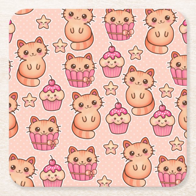 Porta-copo De Papel Quadrado Gatos e Cupcakes Cutes Cons e Padrões Rosa (Frente)