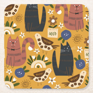 Porta-copo De Papel Quadrado Gatos e Pássaros Vintage, Desenhados à Mão.