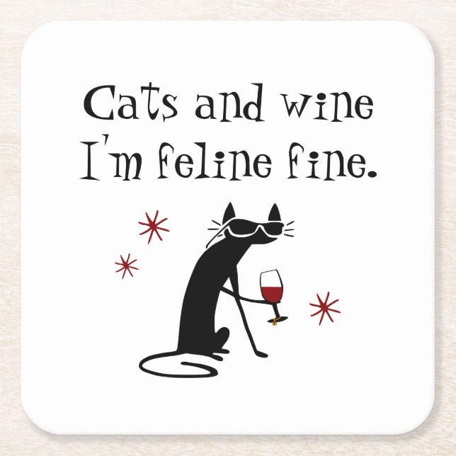 Porta-copo De Papel Quadrado Gatos e Vinhos Felinos, Trocadilhos de Vinho Fino  (Frente)