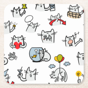 Porta-copo De Papel Quadrado Gatos engraçados, leite e magia.