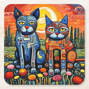 Porta-copo De Papel Quadrado Gatos no pôr do sol 1