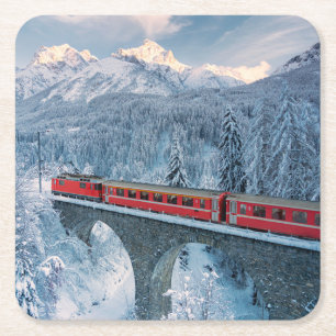 Porta-copo De Papel Quadrado Gelo e neve Suiça de trem Red Bernina Express