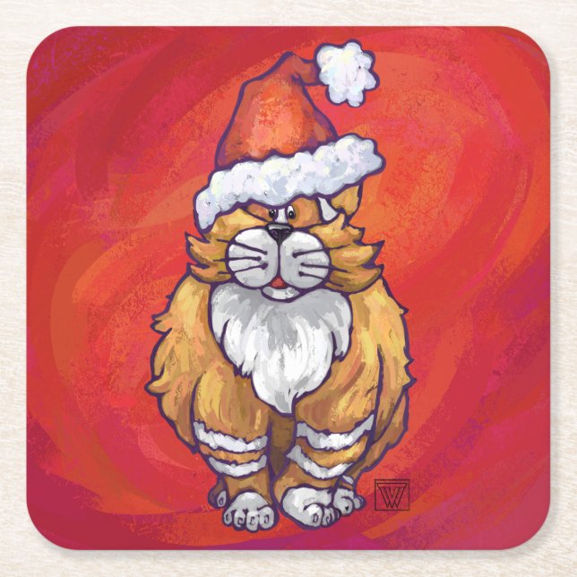 Porta-copo De Papel Quadrado Ginger Cat Natal Em Vermelho (Frente)