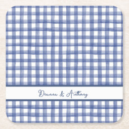 Porta-copo De Papel Quadrado Gingham Azul Náutico de Verão, Xadrez 4 de Julho