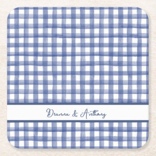 Porta-copo De Papel Quadrado Gingham Azul Náutico de Verão, Xadrez 4 de Julho