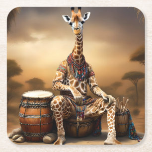Porta-copo De Papel Quadrado **"Giraffe Grooves: Uma Serenata de Bongo no Savan