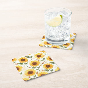 Porta-copo De Papel Quadrado Girassóis Amarelos Aquarela Floral Caprichoso