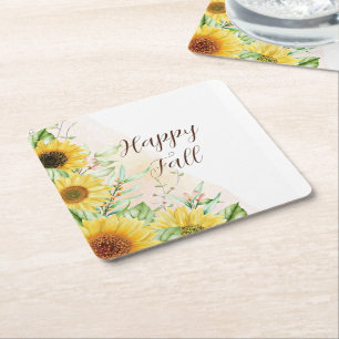 Porta-copo De Papel Quadrado Girassóis de outono com texto personalizável