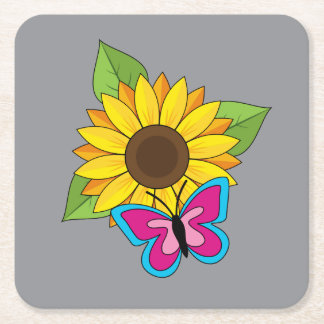 Porta-copo De Papel Quadrado Girassol Amarelo e Borboleta Azul Rosa