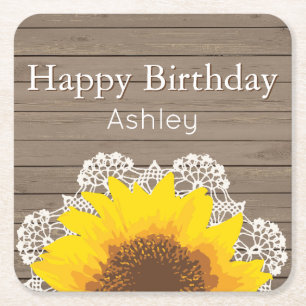 Porta-copo De Papel Quadrado Girassol, rendas e madeira personalizados