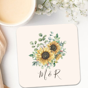 Porta-copo De Papel Quadrado Girassol Sunflower Monogramado Aquarela Vintage Rú