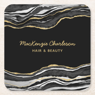 Porta-copo De Papel Quadrado Glitter Dourado Agato de Mármore Preto