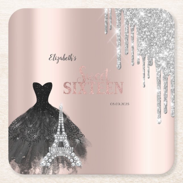 Porta-copo De Papel Quadrado Glitter Drips,Vestido,Torre Eiffel Sweet 16 (Frente)