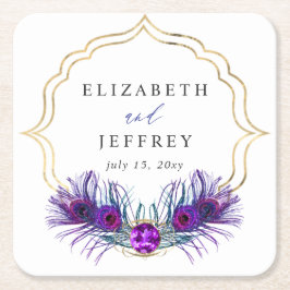 Porta-copo De Papel Quadrado Glitter Gold Blue Purple Peacock Plume Wedding