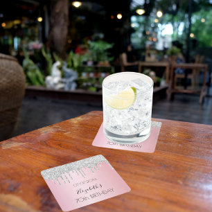 Porta-copo De Papel Quadrado Glitter prateado cor-de-rosa pinga nome aniversári