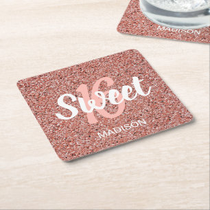 Porta-copo De Papel Quadrado Glitter Rosa Dourado do Rosa do Chic Sweet 16 Pers