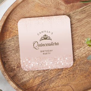 Porta-copo De Papel Quadrado Glitter Rosa Dourado Quinceañera