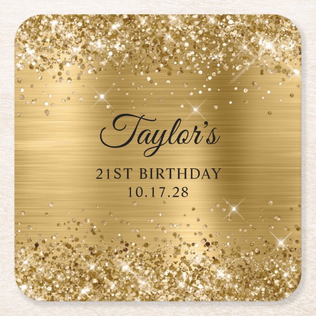 Porta-copo De Papel Quadrado Glittery Gold Foil 21st Birthday (Frente)