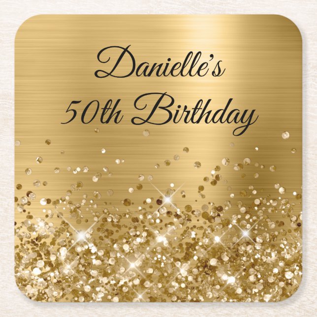 Porta-copo De Papel Quadrado Glittery Gold Foil 50th Birthday (Frente)