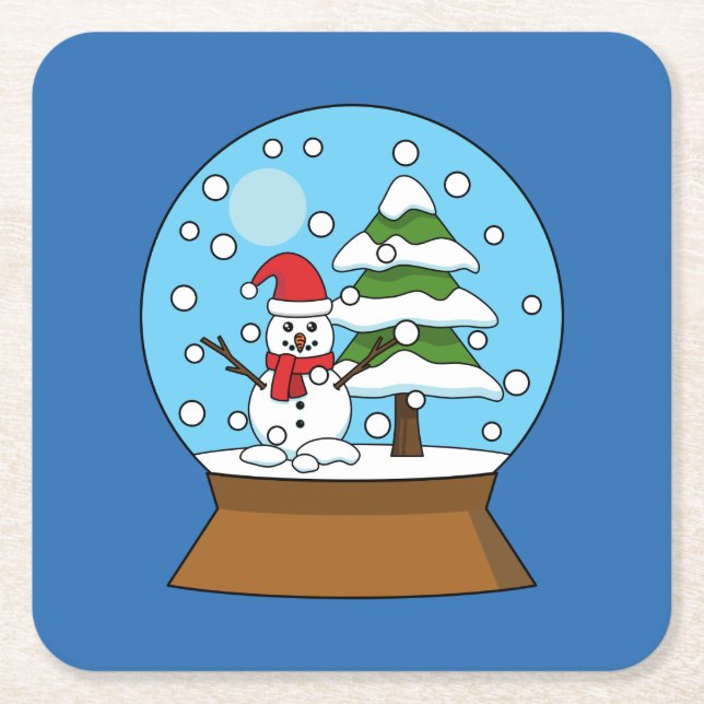 Porta-copo De Papel Quadrado Globo de Neve com Snowman e Pine Tree (Frente)